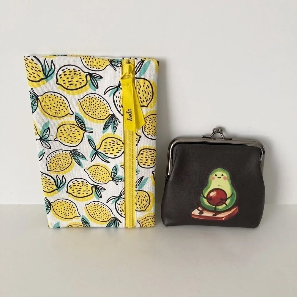 Ipsy Lemon Print Cosmetic Bag and Avocado Print Wallet